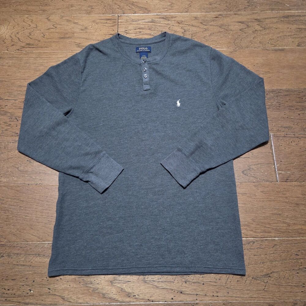 Polo Ralph Lauren Shirt Mens Large Gray Thermal Waffle Knit Henley Long Sleeve